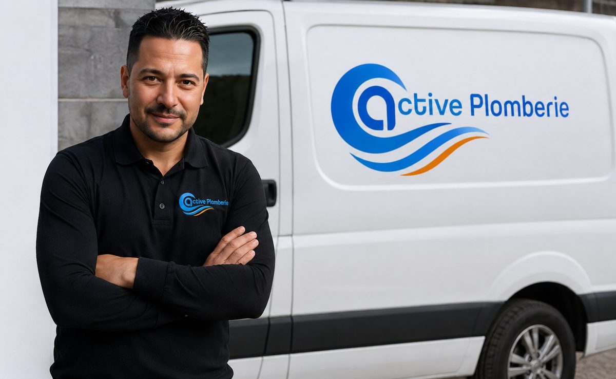 Le plombier d'Active Plomberie 74 devant son véhicule de service